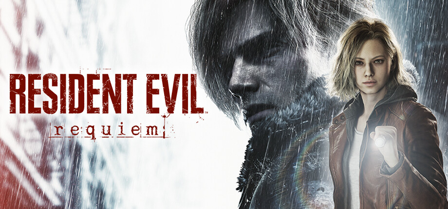 Resident Evil: Requiem poster featuring a woman with a flashlight in the rain and a shadowy figure behind her.