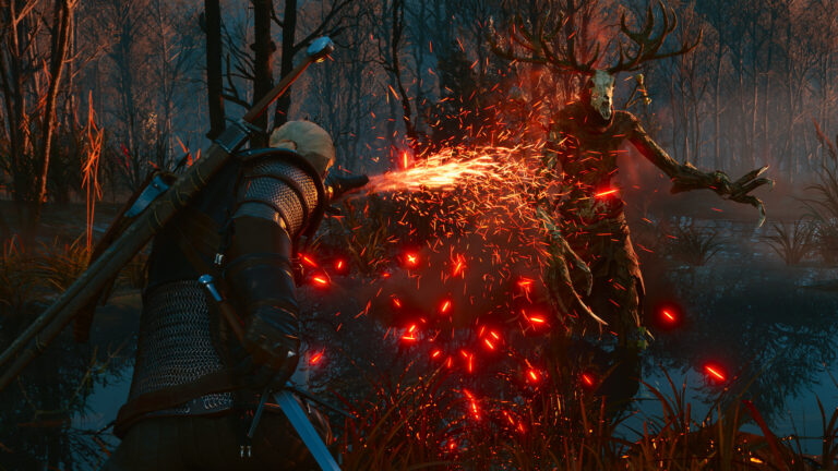 Geralt casts Igni at a leshen in a dark forest in The Witcher 3 Remastered