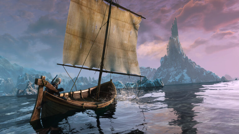 Geralt sails past a snowy island and a ruined tower in The Witcher 3 Remastered