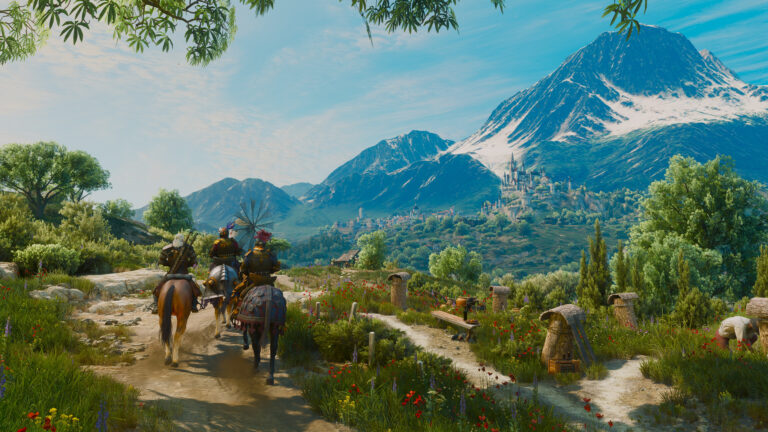 Geralt and two knights ride toward Beauclair in The Witcher 3: Blood and Wine