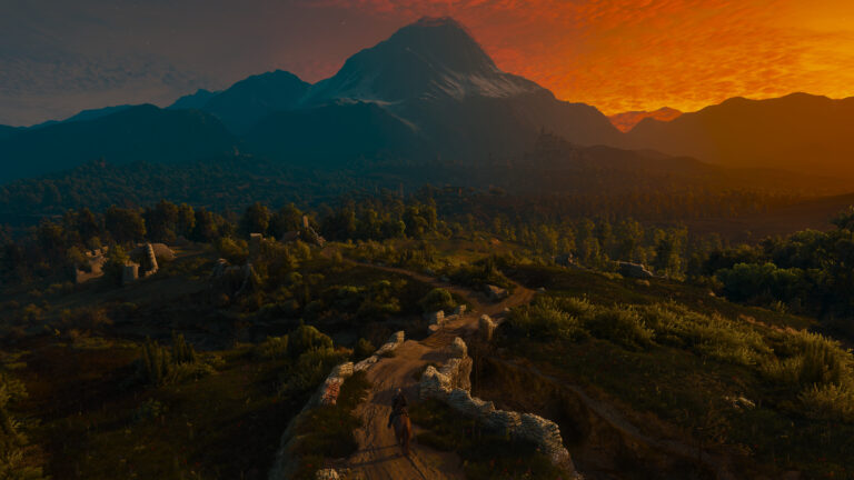 Geralt rides across a stone bridge above a Toussaint valley at sunset in The Witcher 3: Blood and Wine