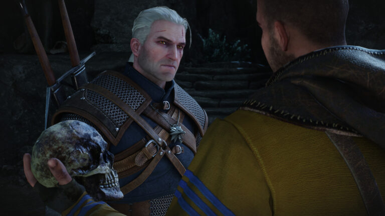 Geralt holds a skull while talking to a man in The Witcher 3 Remastered