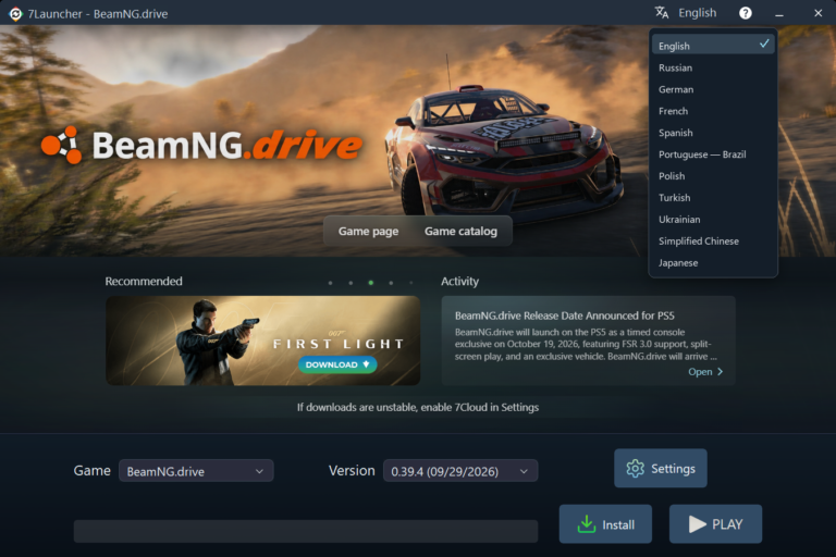 7Launcher main window — BeamNG.drive with the language list