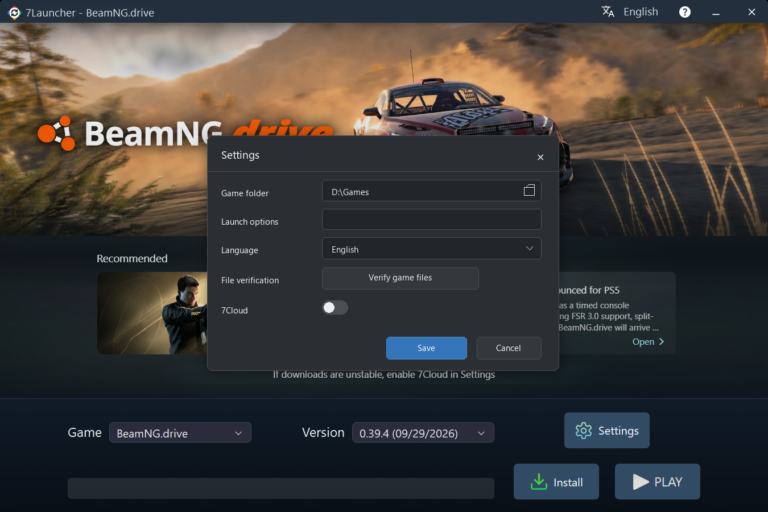 7Launcher basic settings window — BeamNG.drive