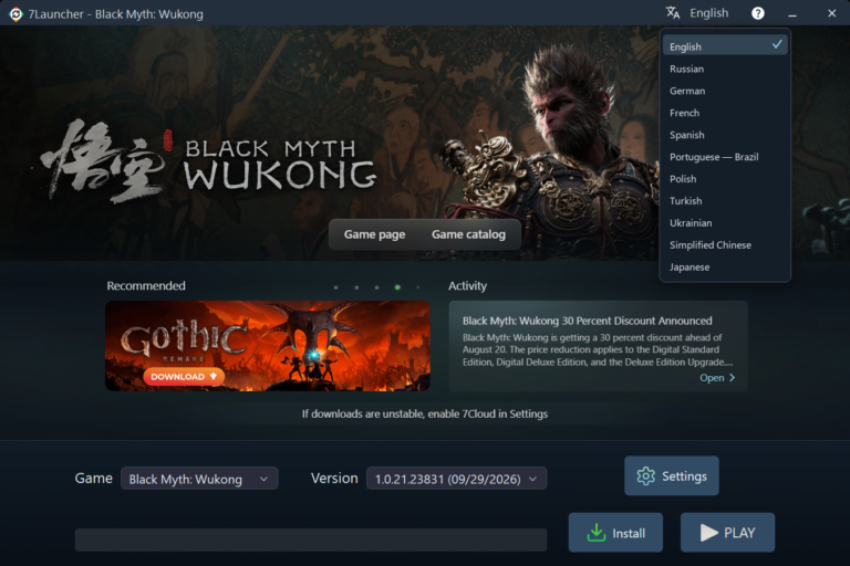 7Launcher main window — Black Myth: Wukong with the language list
