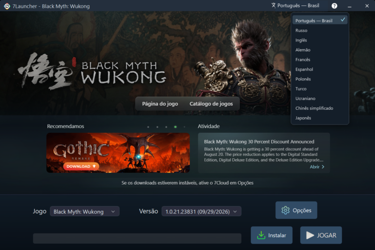 Janela principal do 7Launcher — Black Myth: Wukong com a lista de idiomas