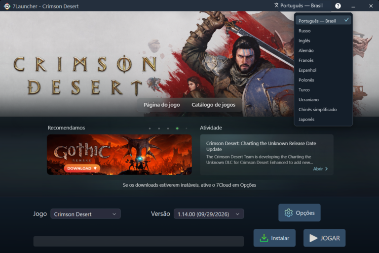 Janela principal do 7Launcher — Crimson Desert com a lista de idiomas