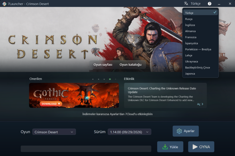 Dil listesiyle 7Launcher ana penceresi — Crimson Desert