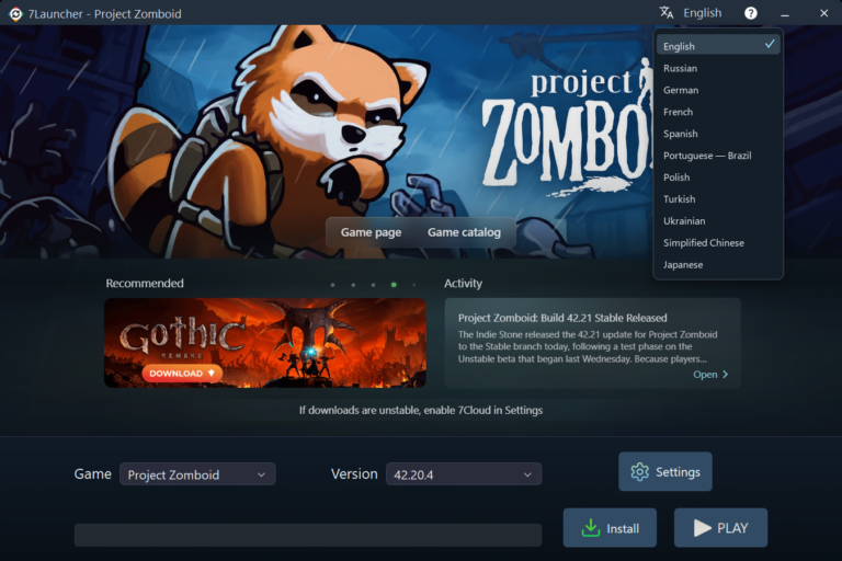 7Launcher main window — Project Zomboid with the language list