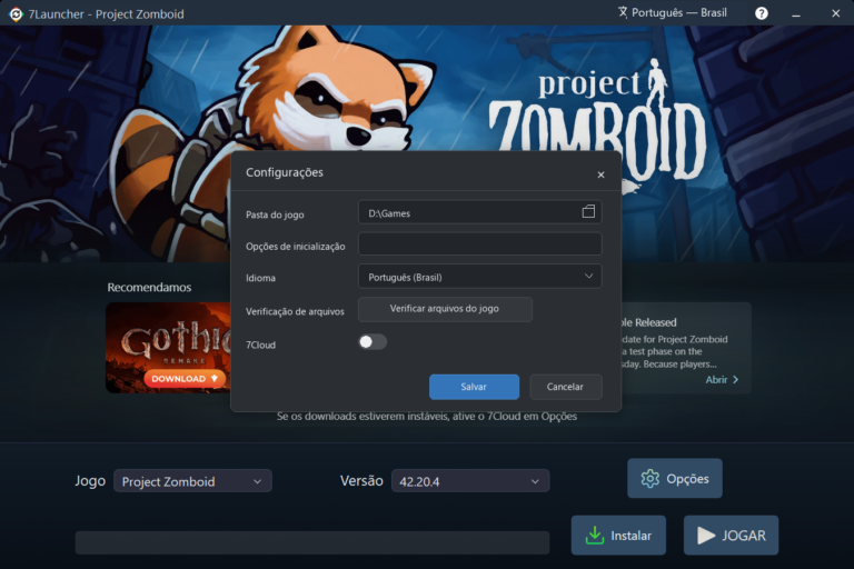 Janela de configurações básicas do 7Launcher — Project Zomboid